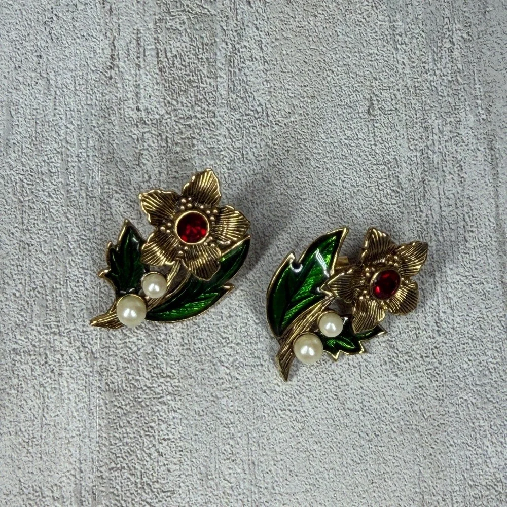 Vintage AVON Floral Brooch Earrings Set Gold Silver Tone Red Rhinestone Enamel